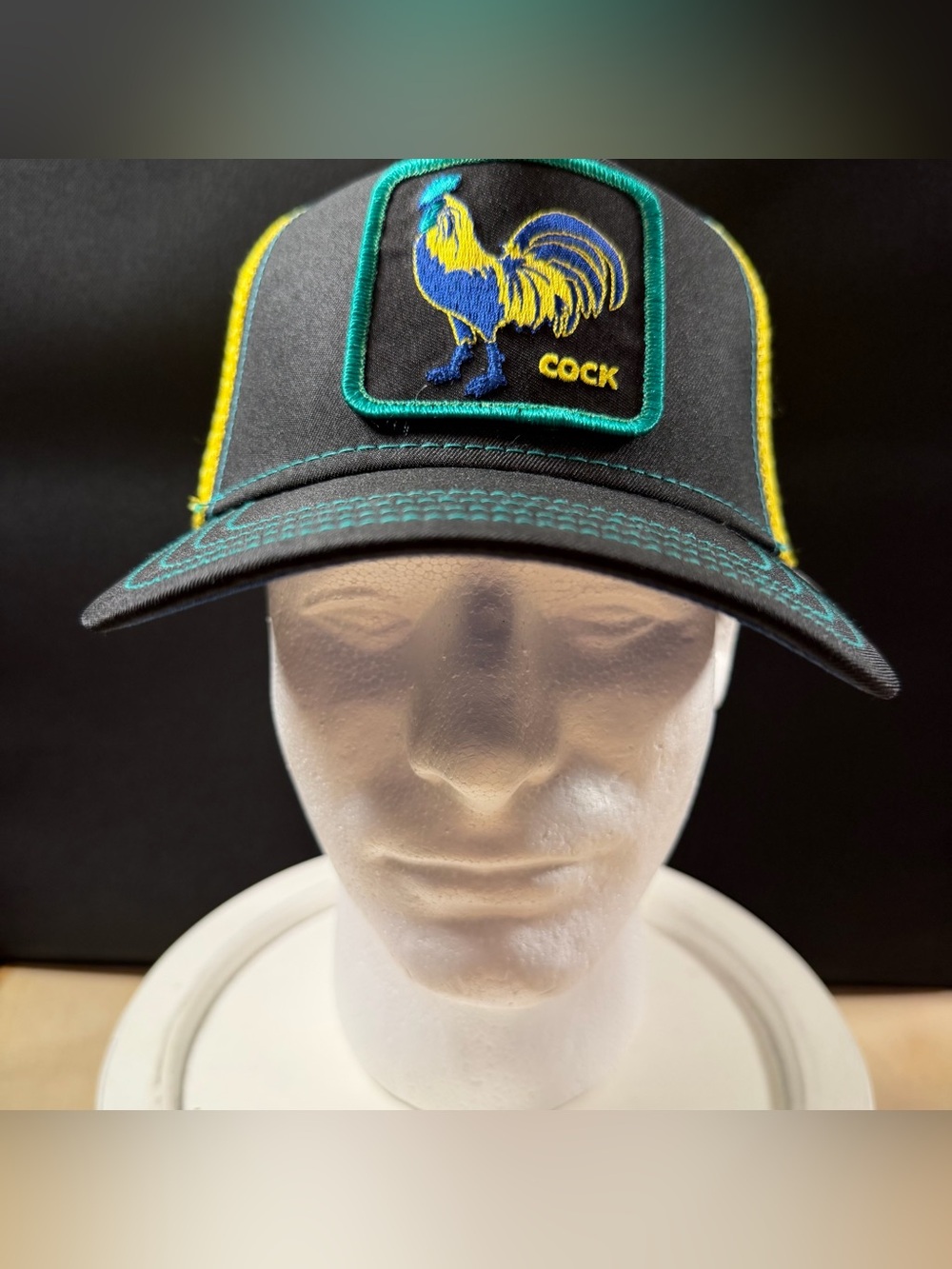The Farm Goorin Bros Rooster Hat Blk W/Yellow Mesh & Teal Stitching SnapBack